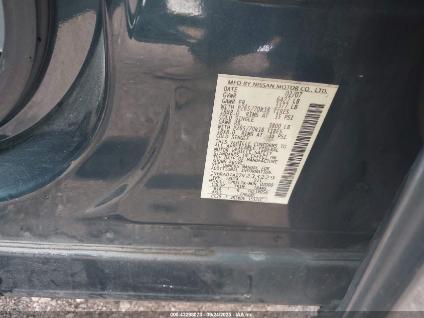 2007 Nissan Titan Se VIN: 1N6BA07A27N233229 Lot: 43298078