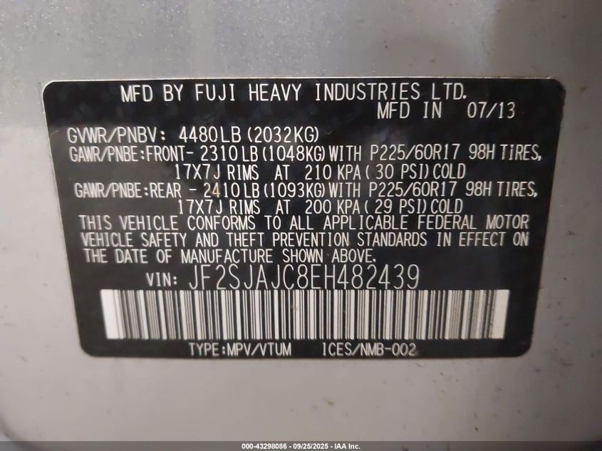 2014 Subaru Forester 2.5I Limited VIN: JF2SJAJC8EH482439 Lot: 43298086
