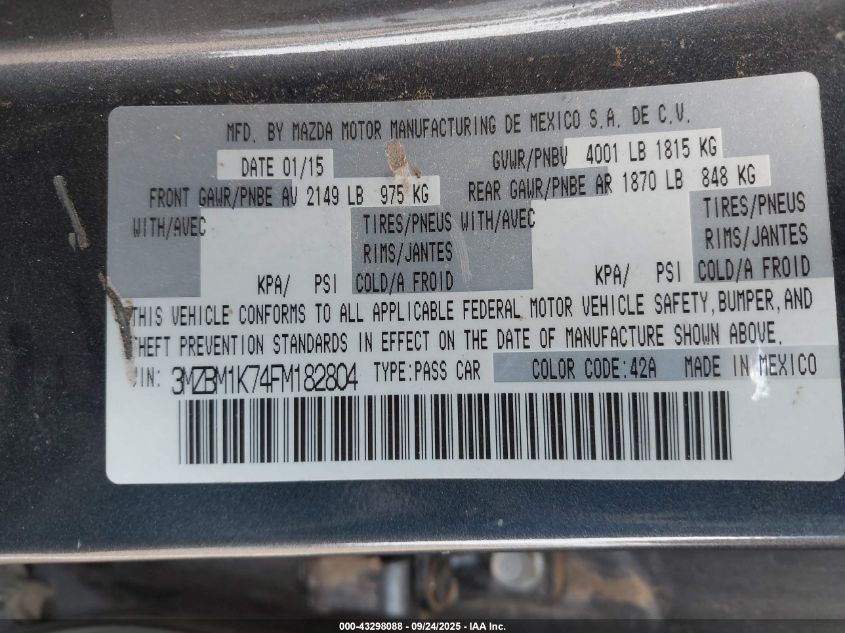 2015 Mazda Mazda3 VIN: 3MZBM1K74FM182804 Lot: 43298088
