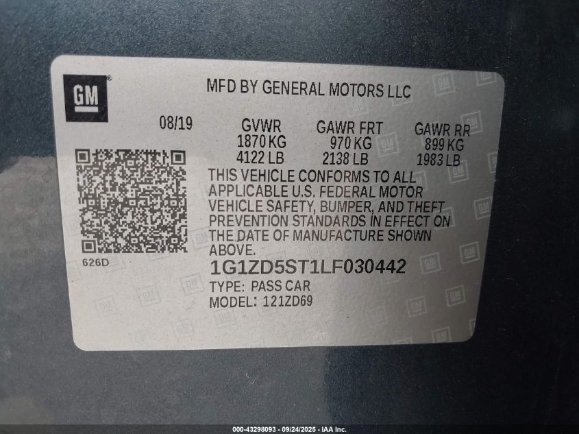 2020 Chevrolet Malibu Fwd Lt VIN: 1G1ZD5ST1LF030442 Lot: 43298093