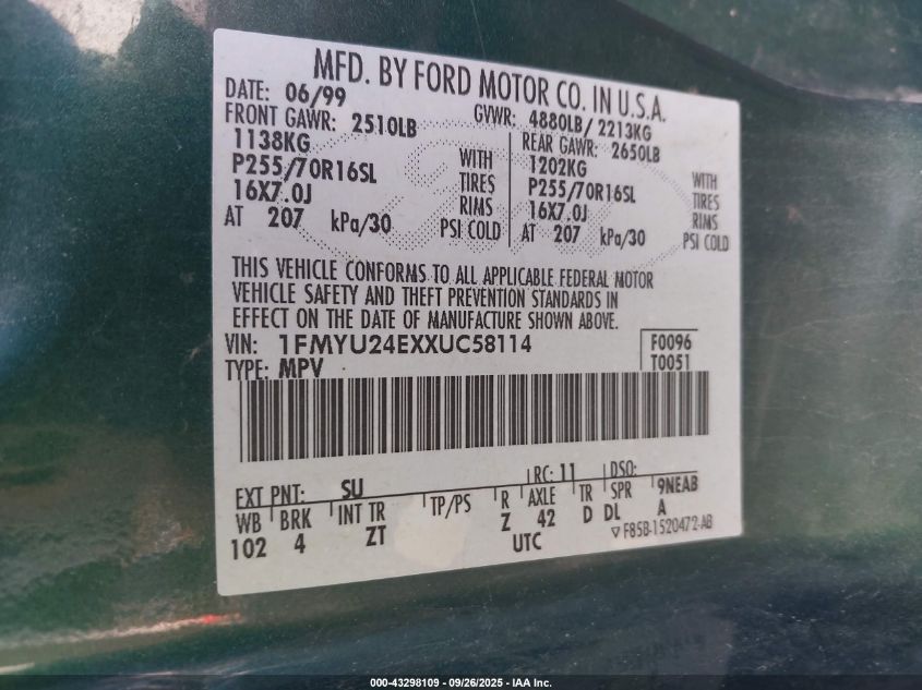 1999 Ford Explorer Sport VIN: 1FMYU24EXXUC58114 Lot: 43298109