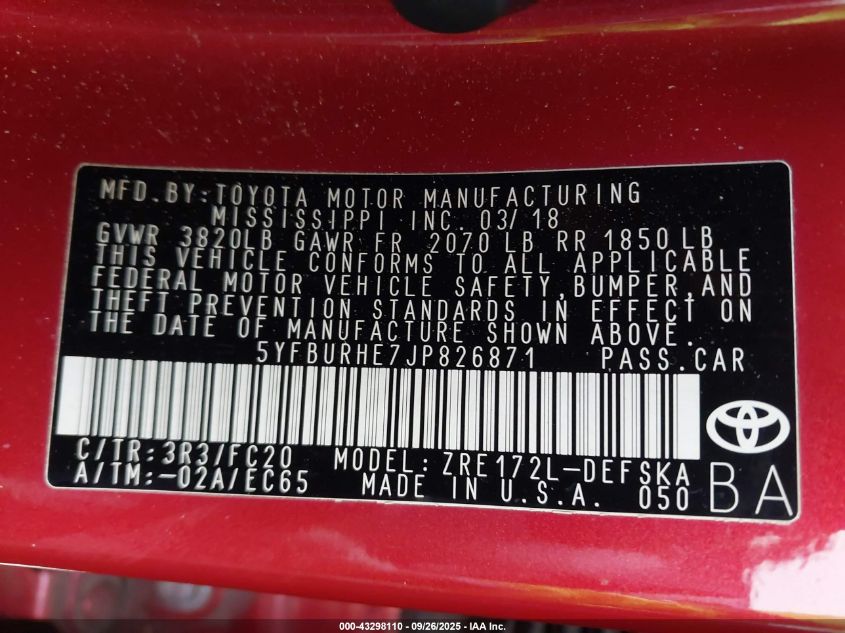 2018 Toyota Corolla Se VIN: 5YFBURHE7JP826871 Lot: 43298110