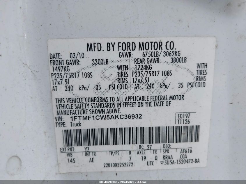 2010 Ford F-150 Stx/Xl/Xlt VIN: 1FTMF1CW5AKC36932 Lot: 43298135