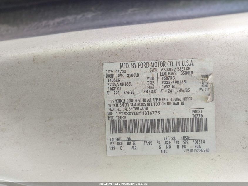 2000 Ford F-150 Lariat/Xl/Xlt VIN: 1FTRX07L8YKB16775 Lot: 43298141