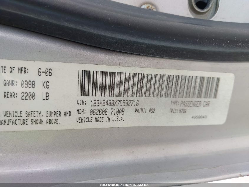 2007 Dodge Caliber Sxt VIN: 1B3HB48BX7D592716 Lot: 43298148