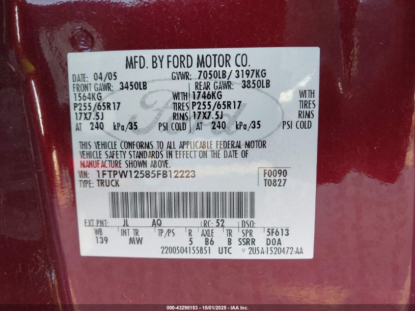 2005 Ford F-150 Lariat/Xlt VIN: 1FTPW12585FB12223 Lot: 43298153