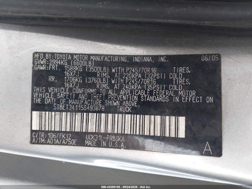 2005 Toyota Tundra Sr5 V8 VIN: 5TBET34115S493878 Lot: 43298155