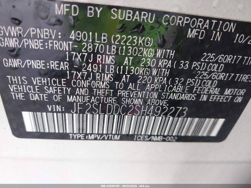 2025 Subaru Forester Premium VIN: JF2SLDDC2SH492273 Lot: 43298160