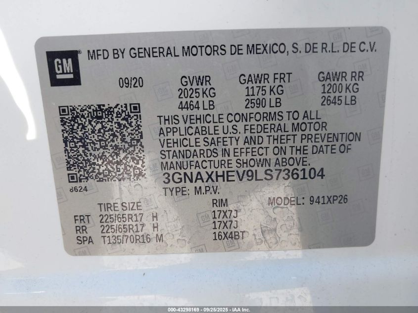 2020 Chevrolet Equinox Fwd Ls VIN: 3GNAXHEV9LS736104 Lot: 43298169