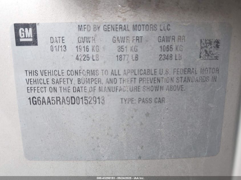 2013 Cadillac Ats Standard VIN: 1G6AA5RA9D0152913 Lot: 43298193