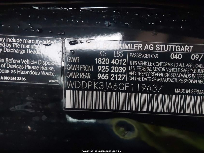 2016 Mercedes-Benz Slk 300 VIN: WDDPK3JA6GF119637 Lot: 43298198