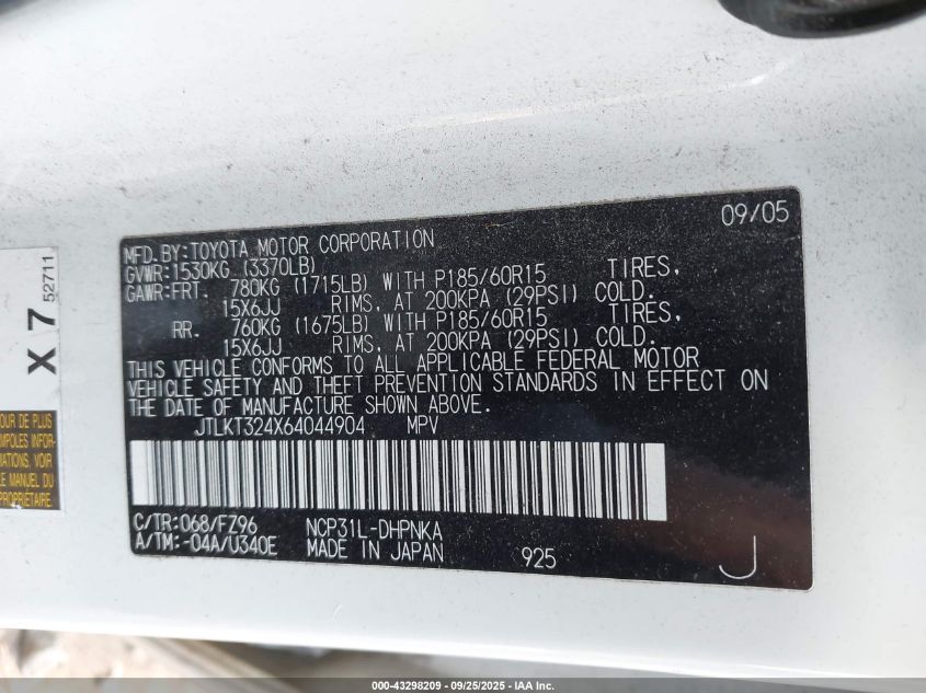 2006 Scion Xb VIN: JTLKT324X64044904 Lot: 43298209