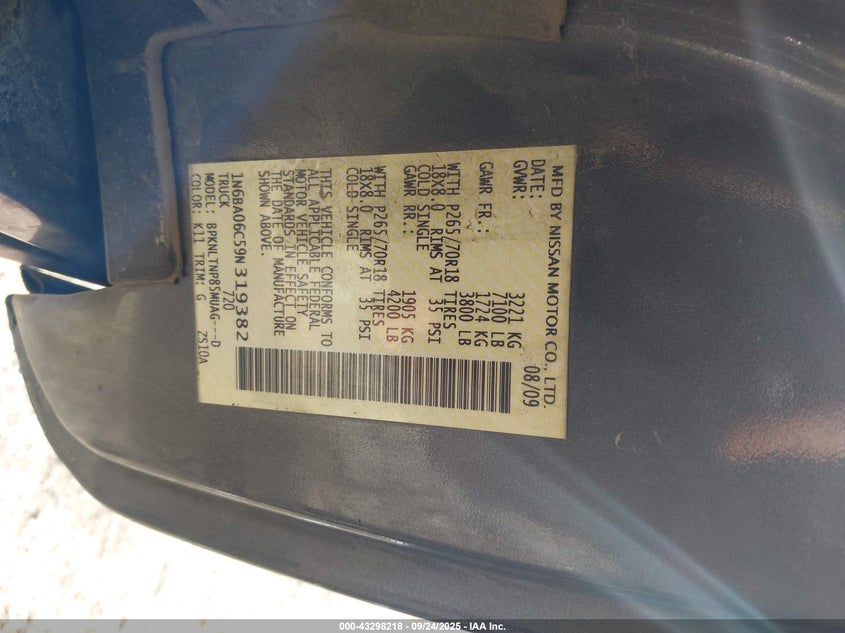 1N6BA06C59N319382 2009 NISSAN TITAN photo no. 9