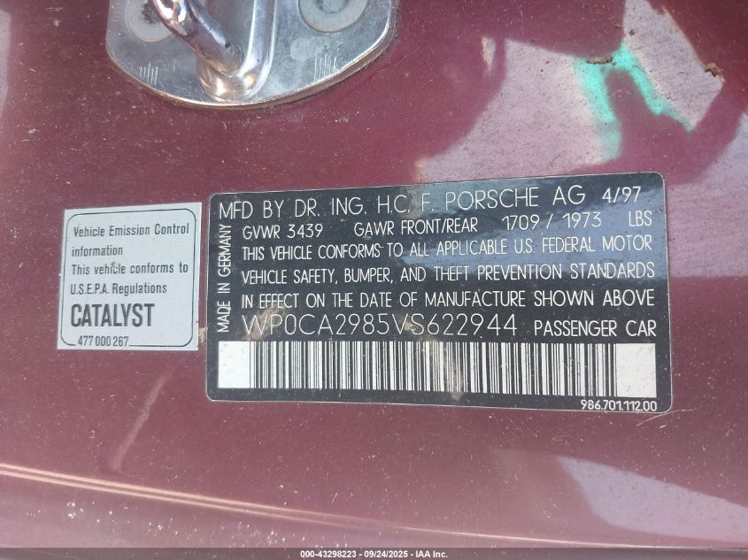 1997 Porsche Boxster VIN: WP0CA2985VS622944 Lot: 43298223