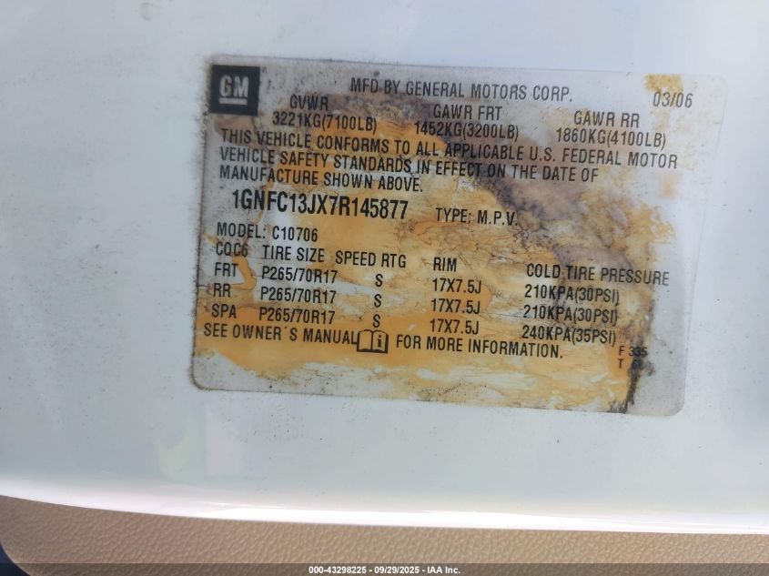 2007 Chevrolet Tahoe Lt VIN: 1GNFC13JX7R145877 Lot: 43298225