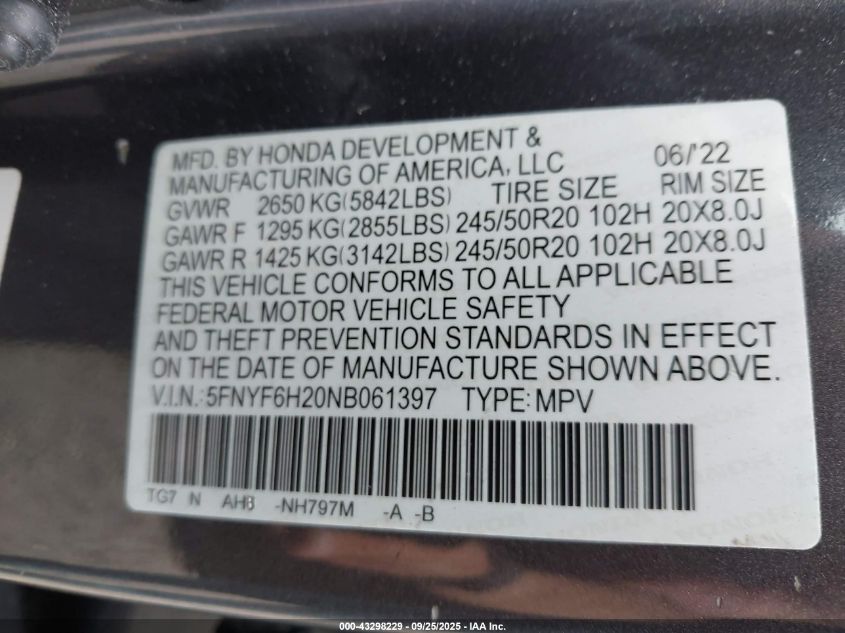 2022 Honda Pilot Awd Special Edition VIN: 5FNYF6H20NB061397 Lot: 43298229