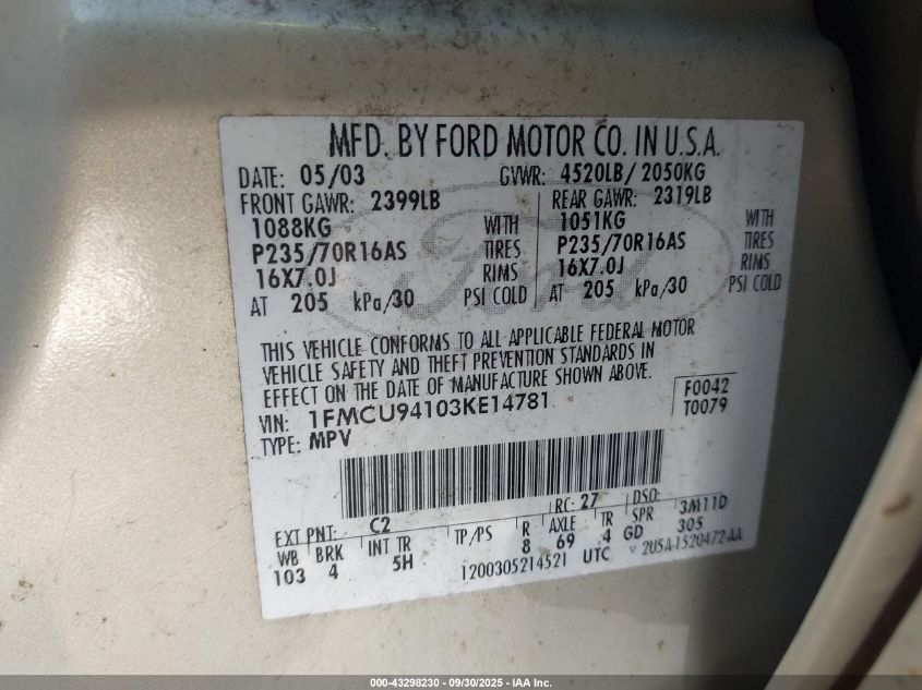 2003 Ford Escape Limited VIN: 1FMCU94103KE14781 Lot: 43298230