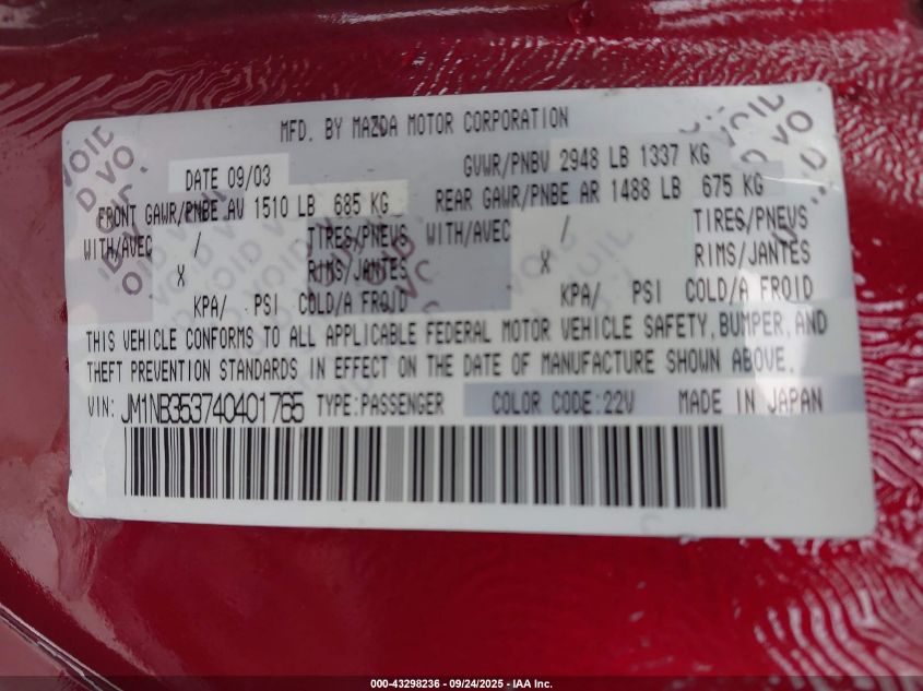 2004 Mazda Mx-5 Miata Cloth VIN: JM1NB353740401765 Lot: 43298236