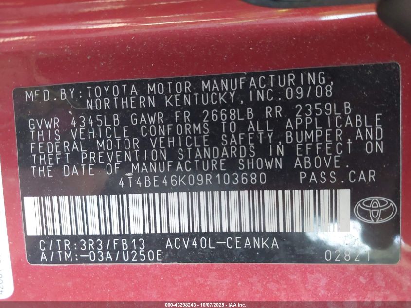 2009 Toyota Camry Le VIN: 4T4BE46K09R103680 Lot: 43298243