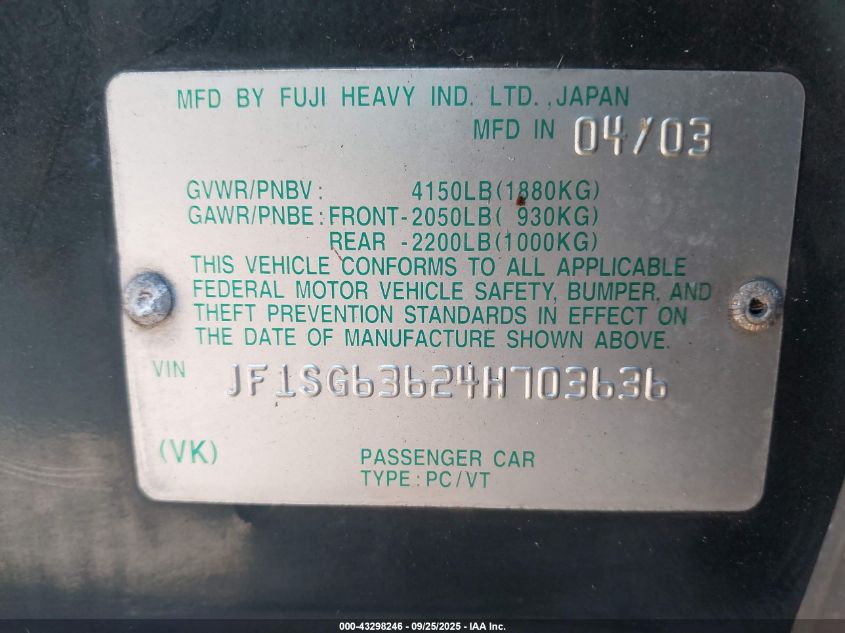 2004 Subaru Forester 2.5X VIN: JF1SG63624H703636 Lot: 43298246