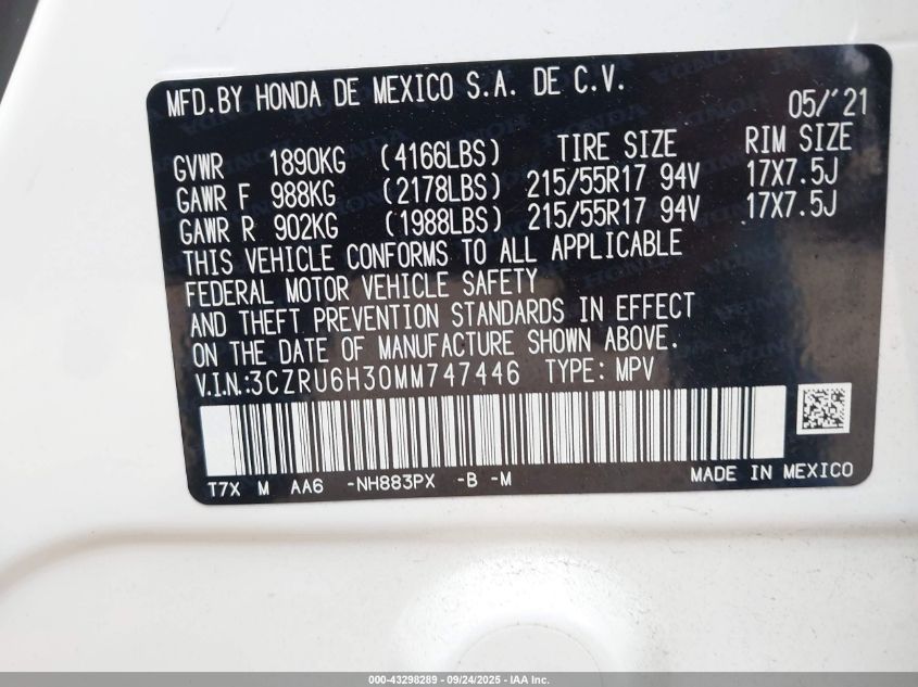 2021 Honda Hr-V Awd Lx VIN: 3CZRU6H30MM747446 Lot: 43298289