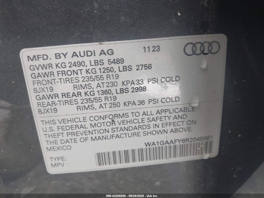 2024 Audi Q5 Premium 45 Tfsi S Line Quattro VIN: WA1GAAFY6R2046961 Lot: 43298288