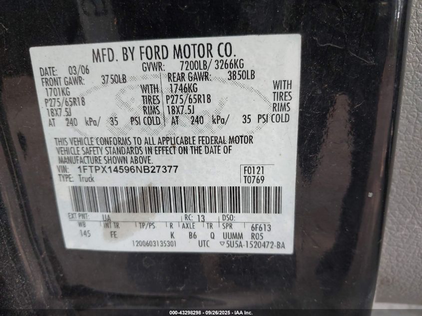 2006 Ford F-150 Fx4/Lariat/Xl/Xlt VIN: 1FTPX14596NB27377 Lot: 43298298