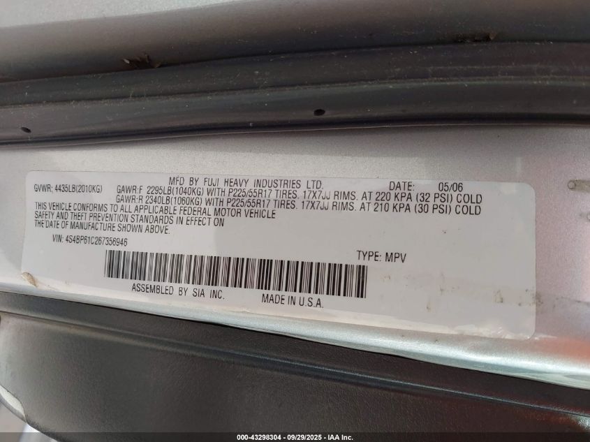 2006 Subaru Outback 2.5I VIN: 4S4BP61C267356946 Lot: 43298304