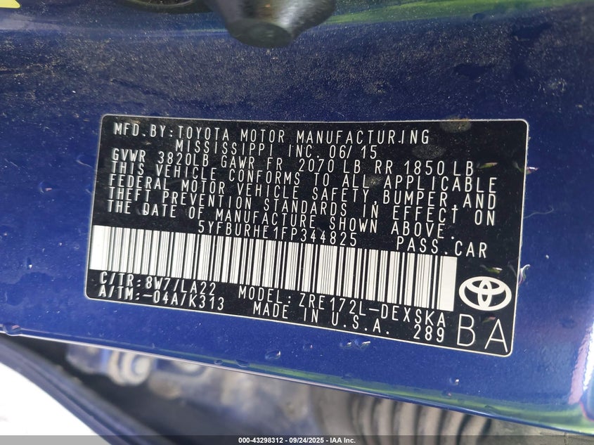 2015 Toyota Corolla S Premium VIN: 5YFBURHE1FP344825 Lot: 43298312