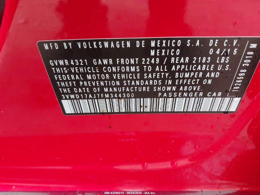 2015 Volkswagen Jetta 1.8T Sport VIN: 3VWD17AJ7FM344300 Lot: 43298315