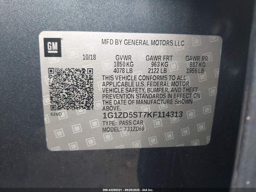 2019 Chevrolet Malibu Lt VIN: 1G1ZD5ST7KF114313 Lot: 43298321