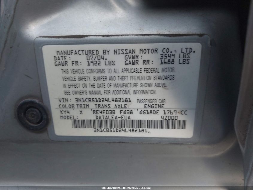 2004 Nissan Sentra 1.8S VIN: 3N1CB51D24L482181 Lot: 43298325