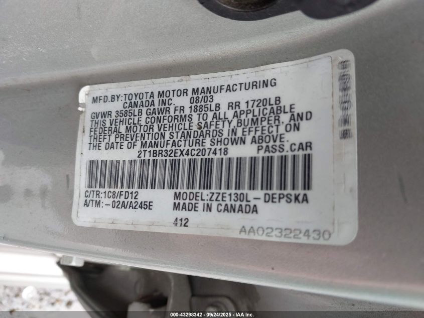 2004 Toyota Corolla S VIN: 2T1BR32EX4C207418 Lot: 43298342