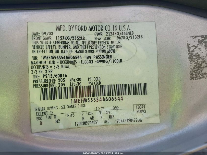 2004 Mercury Sable Ls Premium VIN: 1MEFM55S54A606544 Lot: 43298347