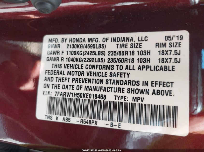 2019 Honda Cr-V Ex VIN: 7FARW1H50KE018468 Lot: 43298348