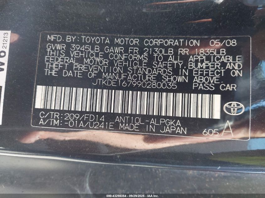 2009 Scion Tc VIN: JTKDE167990280035 Lot: 43298354