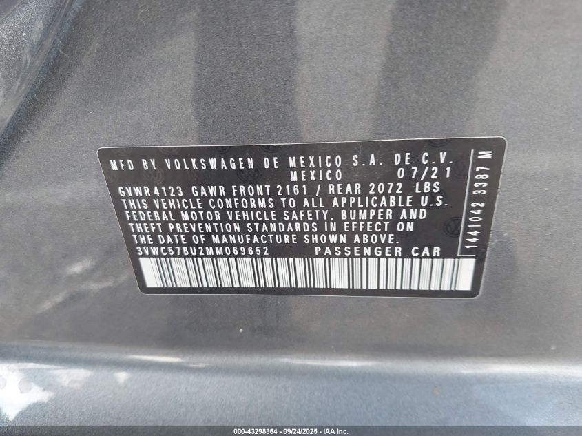 2021 Volkswagen Jetta 1.4T R-Line/1.4T S/1.4T Se VIN: 3VWC57BU2MM069652 Lot: 43298364