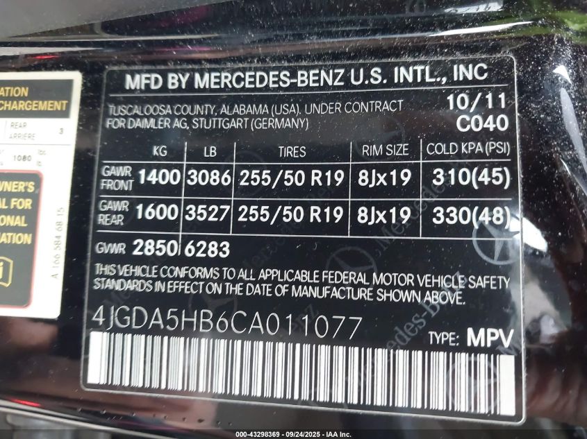 2012 Mercedes-Benz Ml 350 4Matic VIN: 4JGDA5HB6CA011077 Lot: 43298369