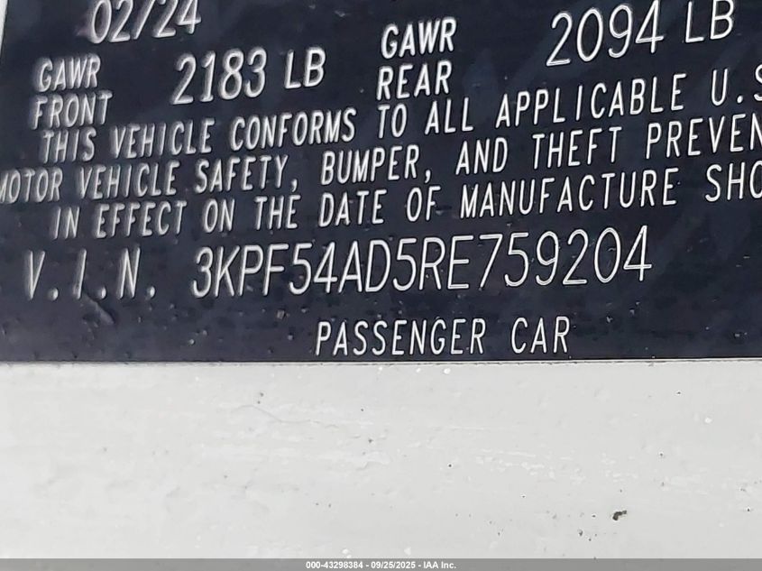 2024 Kia Forte Gt-Line VIN: 3KPF54AD5RE759204 Lot: 43298384