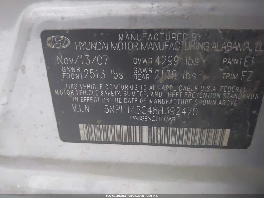 2008 Hyundai Sonata Gls VIN: 5NPET46C48H392470 Lot: 43298393
