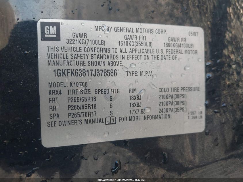 2007 GMC Yukon Denali VIN: 1GKFK63817J378586 Lot: 43298397