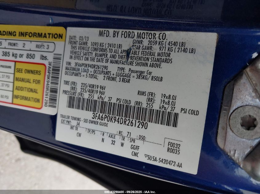 2013 Ford Fusion Titanium VIN: 3FA6P0K94DR261290 Lot: 43298400