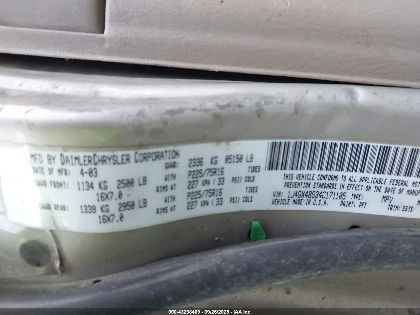 2004 Jeep Grand Cherokee Laredo VIN: 1J4GX48S34C171105 Lot: 43298409