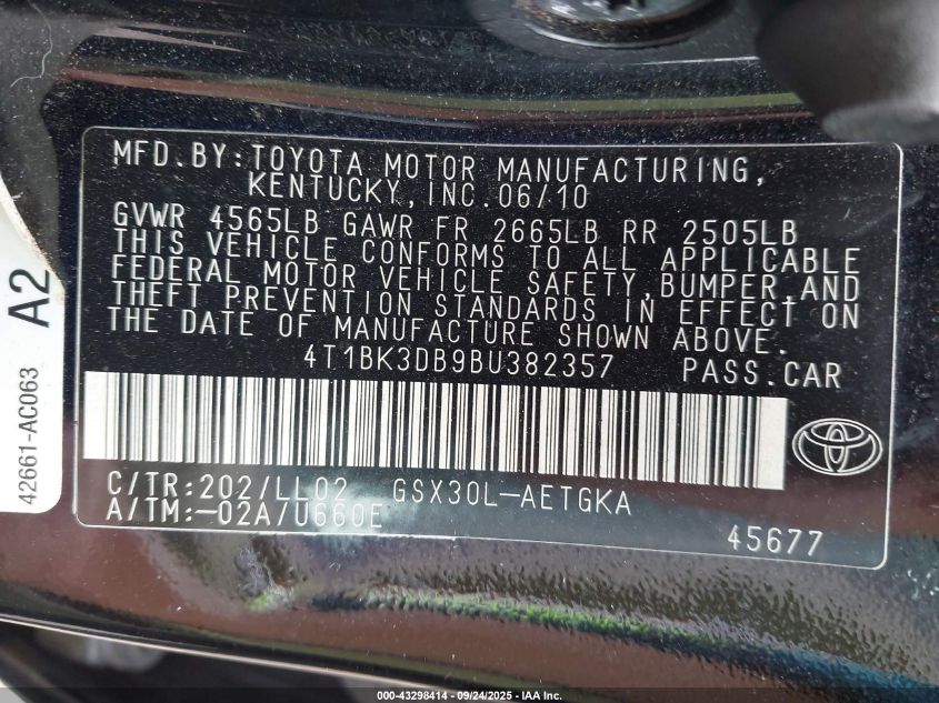 2011 Toyota Avalon VIN: 4T1BK3DB9BU382357 Lot: 43298414