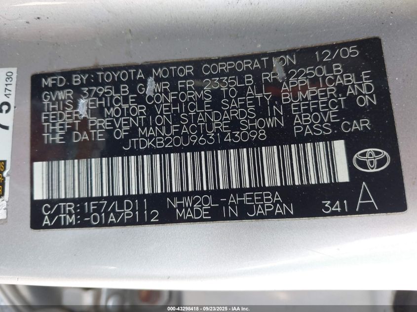 2006 Toyota Prius VIN: JTDKB20U963143098 Lot: 43298418