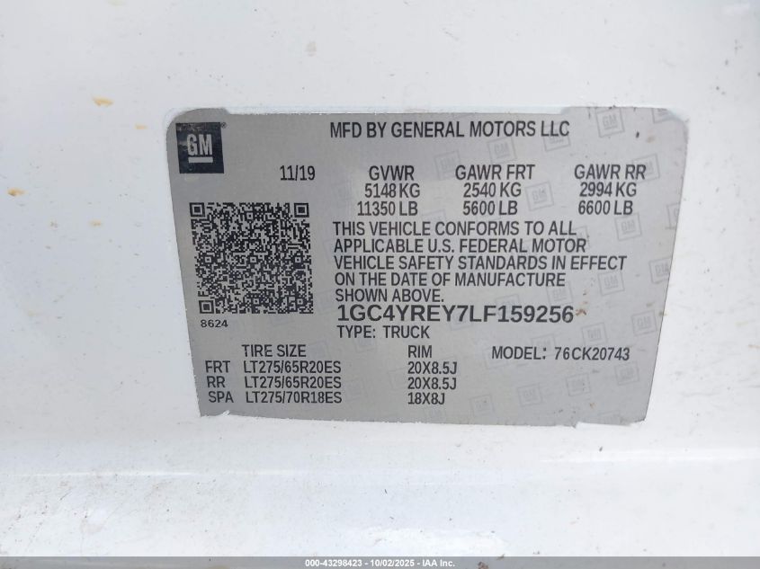 2020 Chevrolet Silverado K2500 High Country VIN: 1GC4YREY7LF159256 Lot: 43298423