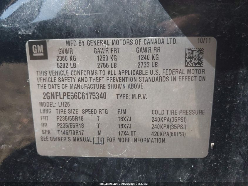 2012 Chevrolet Equinox 2Lt VIN: 2GNFLPE56C6175340 Lot: 43298426