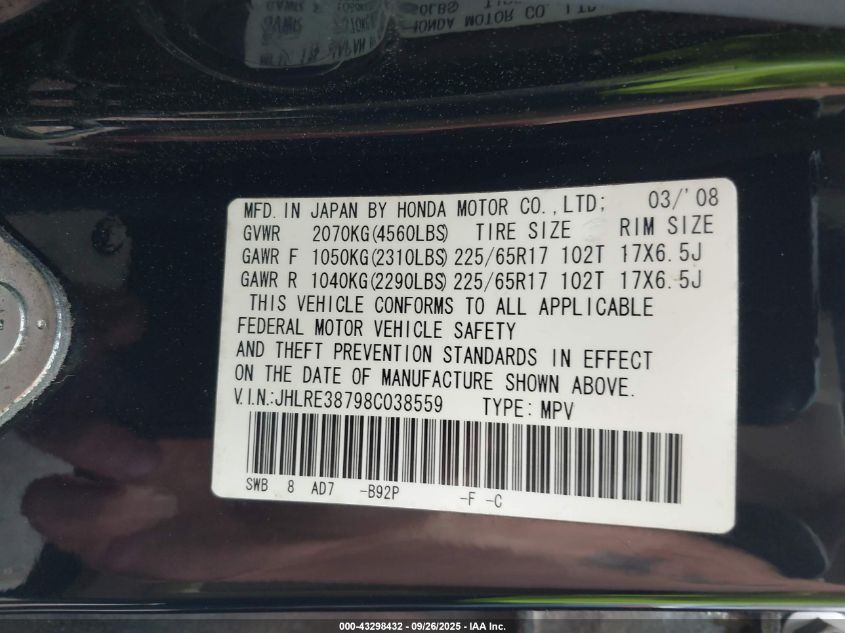 2008 Honda Cr-V Ex-L VIN: JHLRE38798C038559 Lot: 43298432