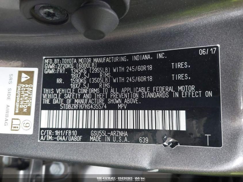 2017 Toyota Highlander Le VIN: 5TDBZRFH7HS435574 Lot: 43298451