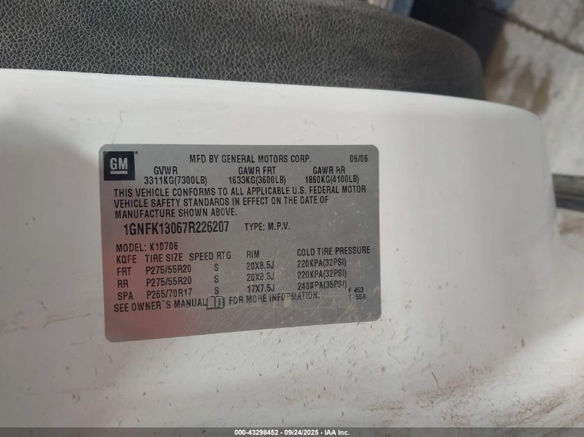 2007 Chevrolet Tahoe Lt VIN: 1GNFK13067R226207 Lot: 43298452